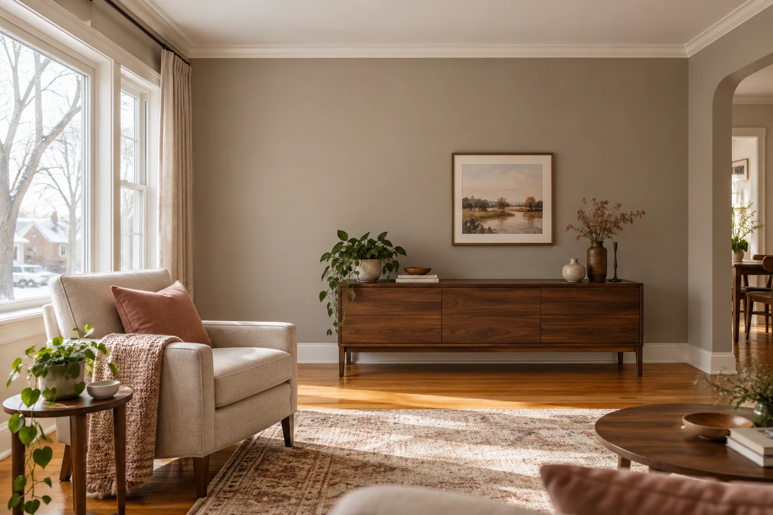 A sunlit room where warm taupe walls, cream trim and rich wood tones feel at home together.